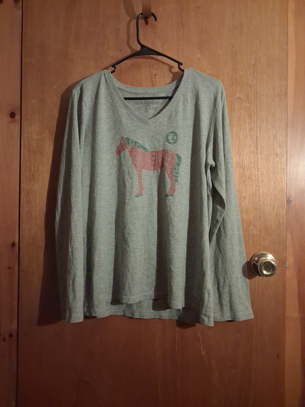 Life Is Good Light Grey Long-Sleeve Tee with Horse Graphic. NWOT